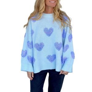 Peach Love California L Blue Heart Pullover Sweater Soft Cozy Comfy Winter